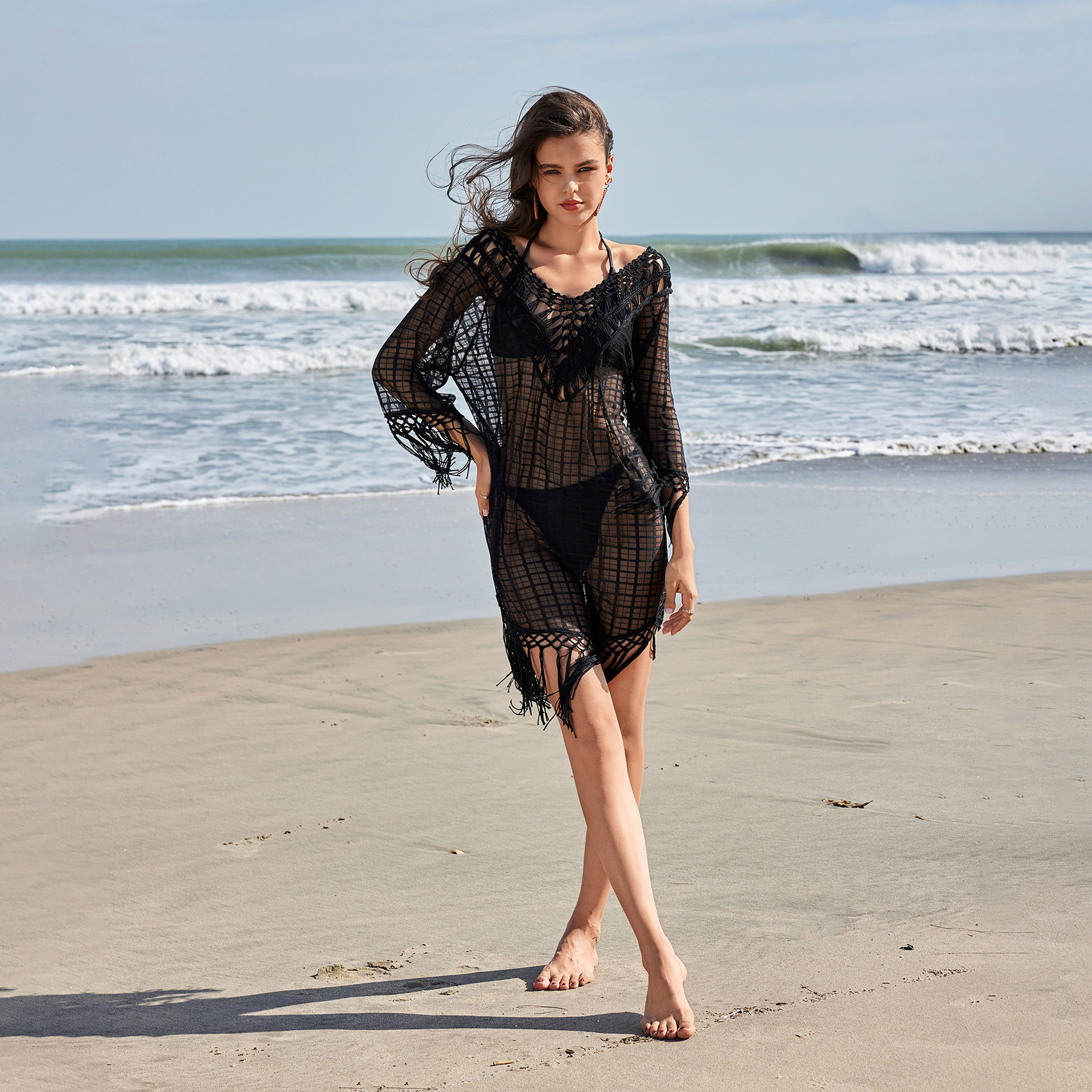 Black Crochet Bikini Cover Up With Fringe Trim Tunic Beach Dress